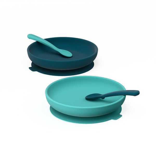 Suction Plates & Silicone Spoons Set - Blue Abyss & Lagoon EKOBO 