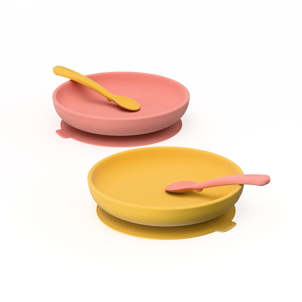 Suction Plates & Silicone Spoons Set - Coral & Mimosa EKOBO 